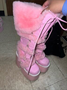 Demonia Pink Faux Fur Platform Lace-Up Boots